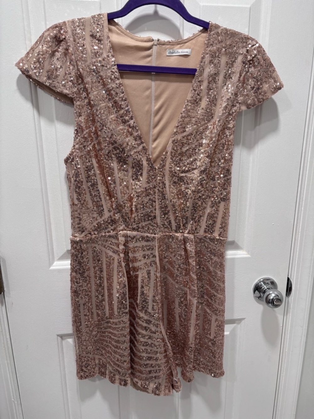 Charlotte Russe Rose Gold Sequin V-Neck Mini Dress